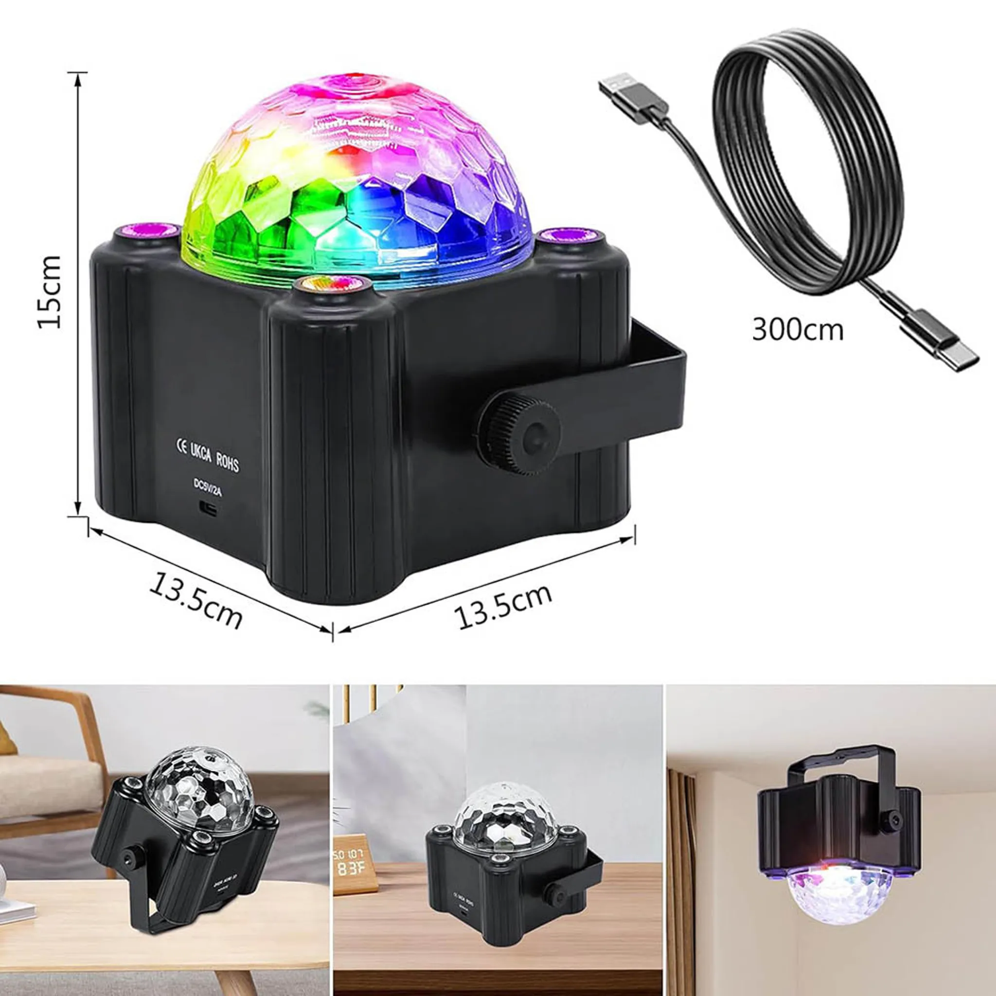 Bunte Discokugel-Lampe mit USB-Kabel und Maßen.