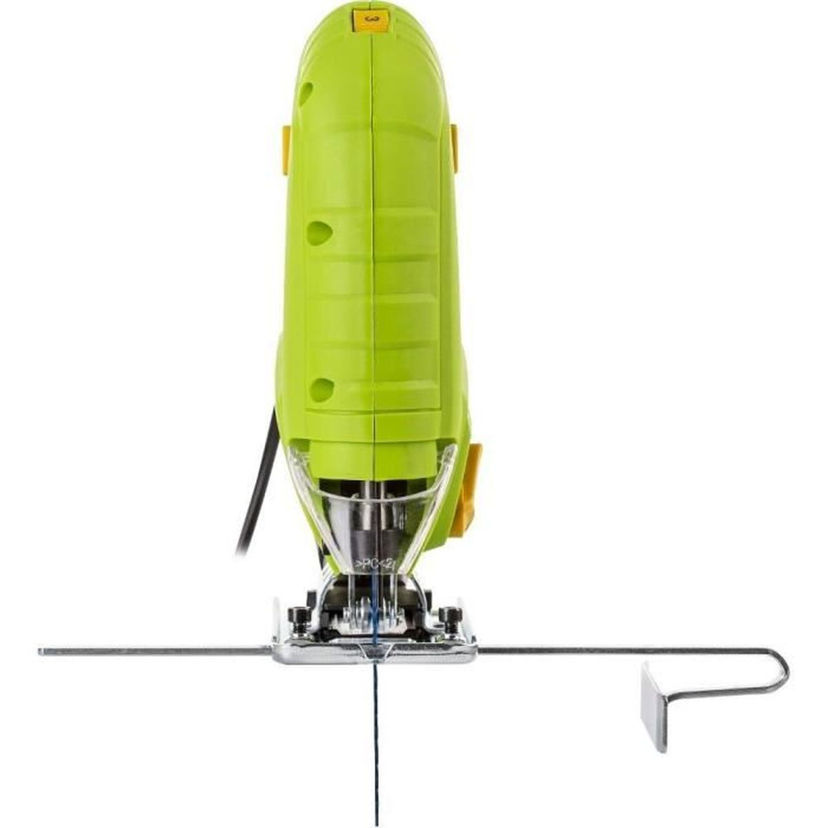 Zielona wyrzynarka z metalową podstawą i cienkim brzeszczotem, na białym tle.