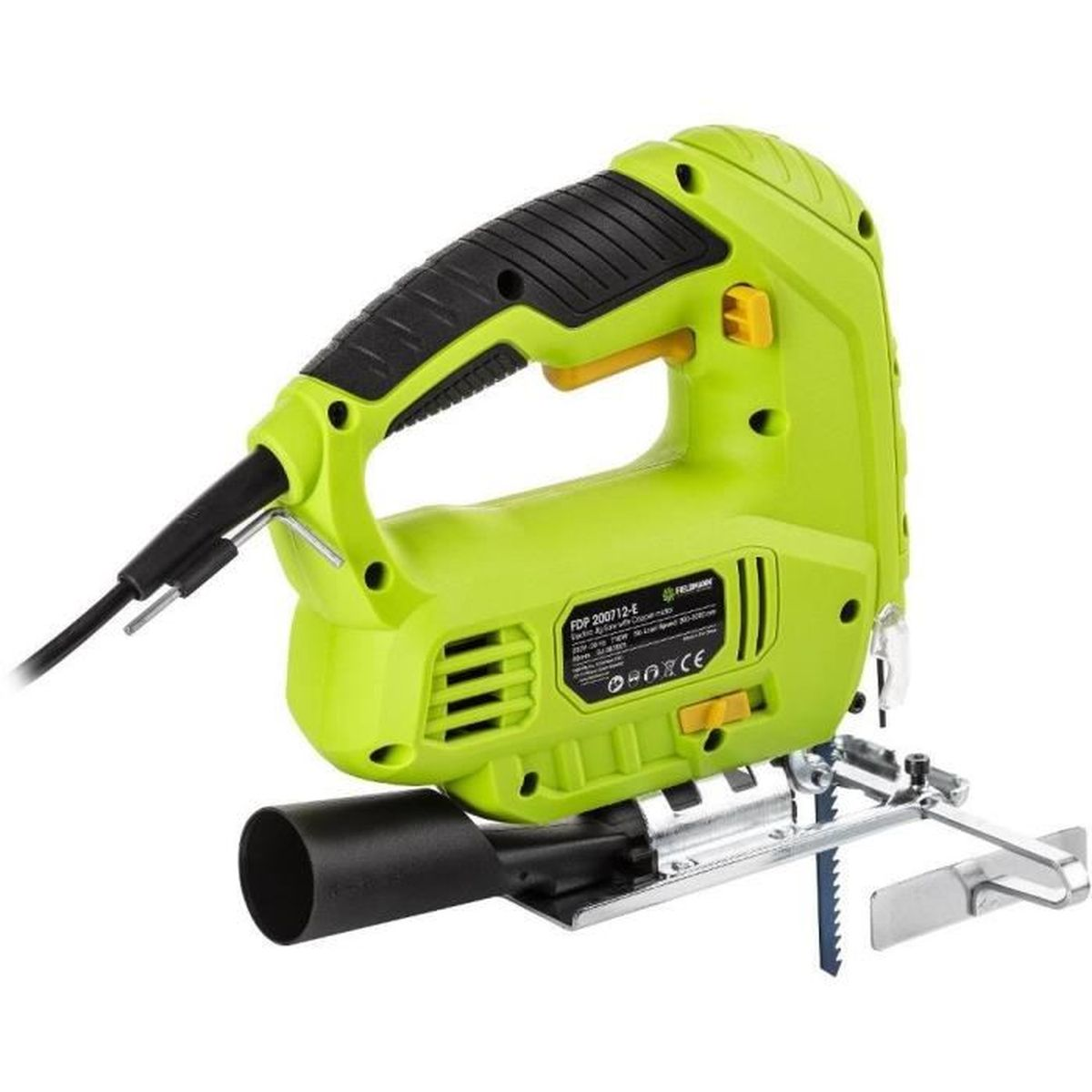 Zielona wyrzynarka z czarnym uchwytem i kablem, na białym tle.