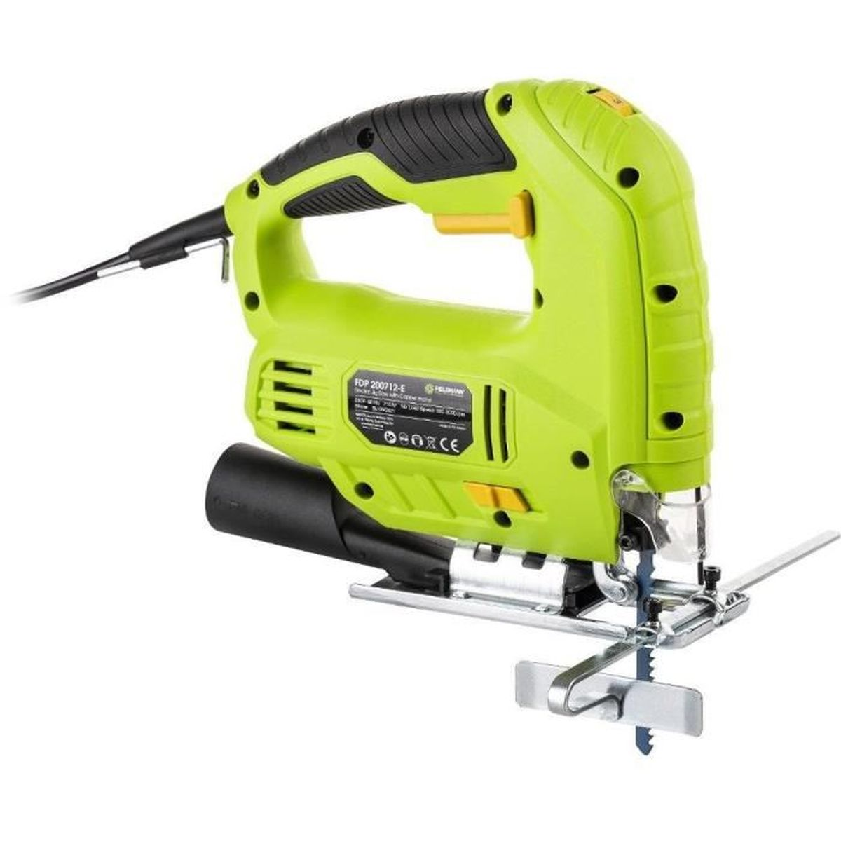 Zielona wyrzynarka z czarnym uchwytem i kablem, na białym tle.