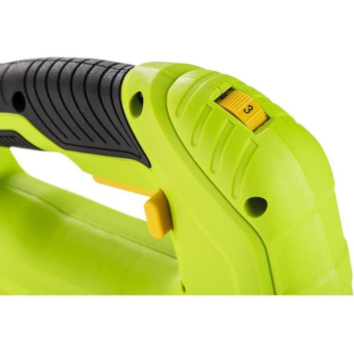 Zielone elektronarzędzie z czarnym uchwytem i żółtym pokrętłem na 3.