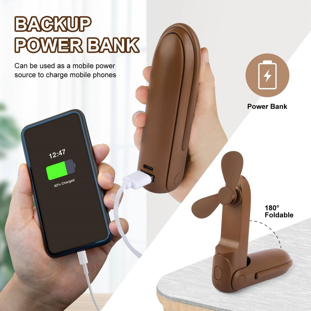 Braune Powerbank lädt ein Handy auf. Ein kleiner Ventilator ist ebenfalls abgebildet.