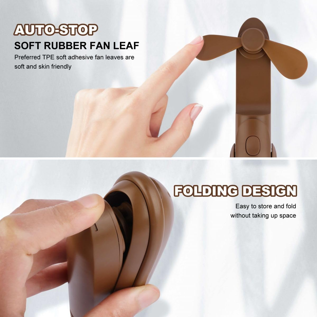 Brauner Ventilator mit weichen Blättern, Finger berührt Flügel. Unten: Hand faltet Ventilator.