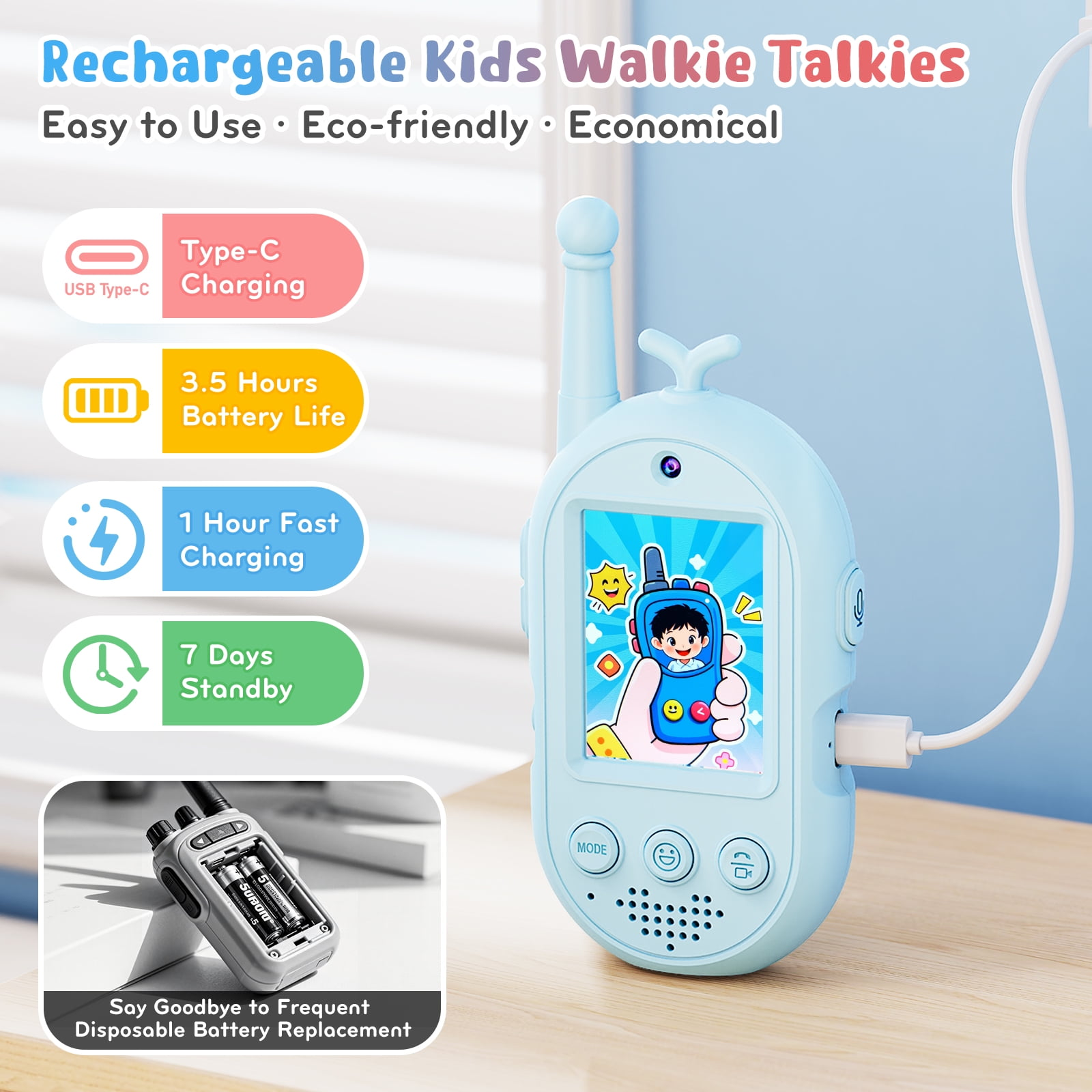 Hellblaues Kinder-Walkie-Talkie mit USB-C-Ladeanschluss, Bildschirm zeigt Kind. Batterien im Detail.