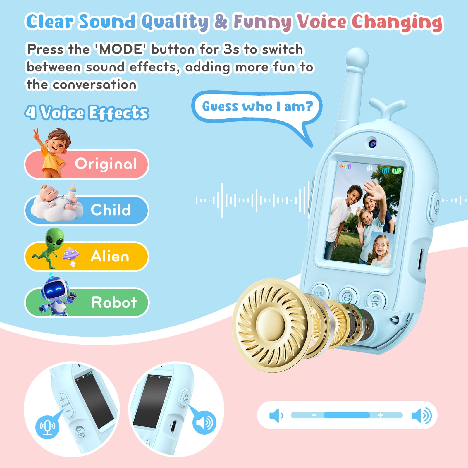 Ein blaues Spielzeugtelefon zeigt 4 Stimmen: Original, Kind, Alien, Roboter.
