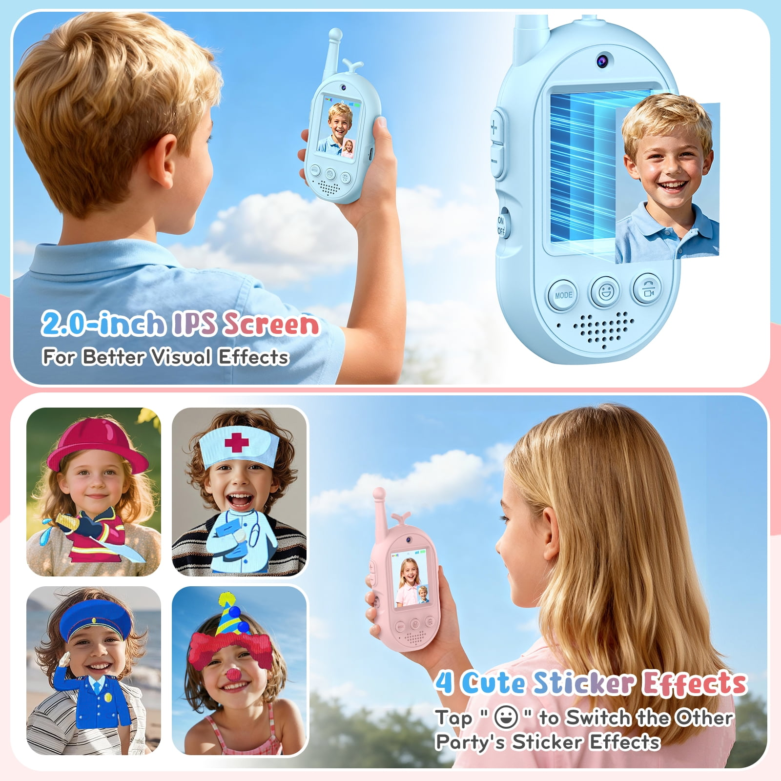Junge hält hellblaues Walkie-Talkie mit Bild von Kindern; unten Kinder in Kostümen.