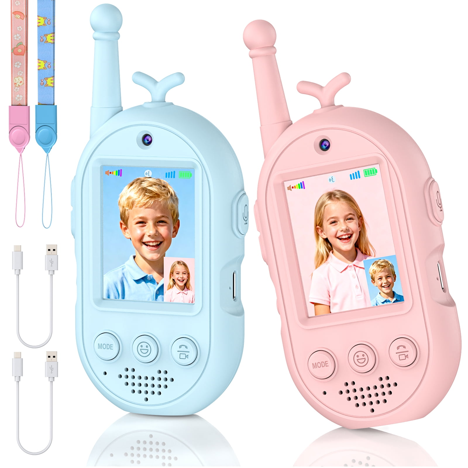 Zwei Kinder-Walkie-Talkies: blau und rosa, mit Displays, die Kinder zeigen.