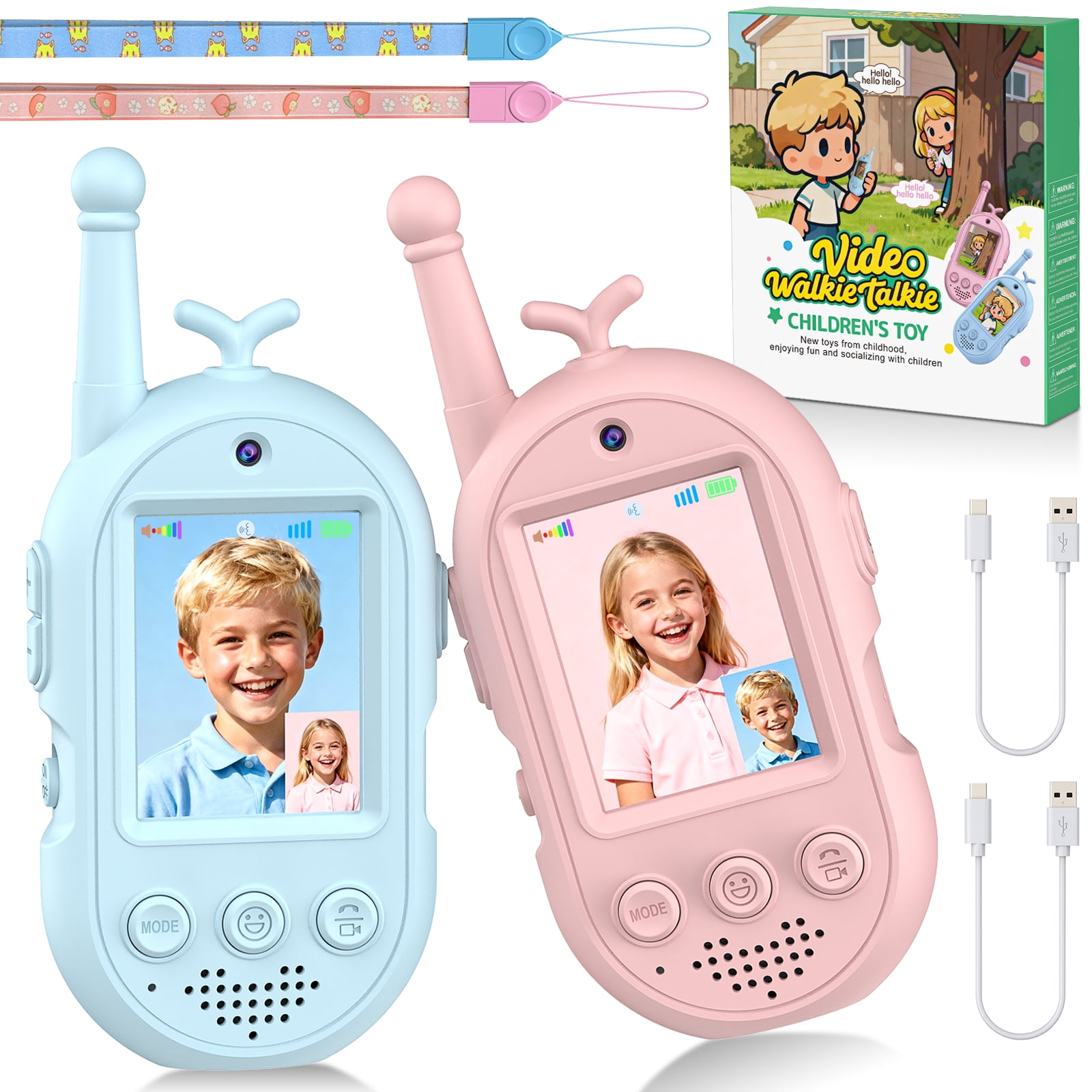 Zwei Kinder-Walkie-Talkies, blau und rosa, mit Bildschirmen und Kabeln.