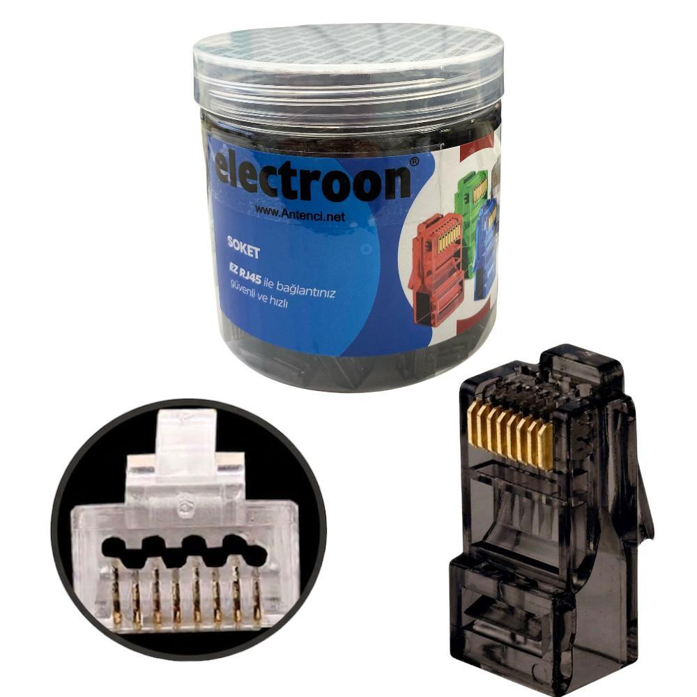 Mavi etiketli cam kavanoz ve iki adet RJ45 konnektör.