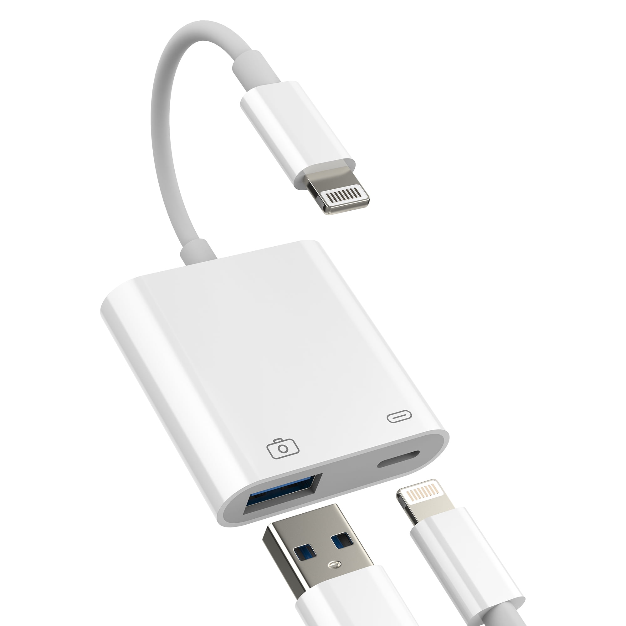 Ein weißer Adapter mit USB-, Lightning- und Kamera-Anschlüssen.