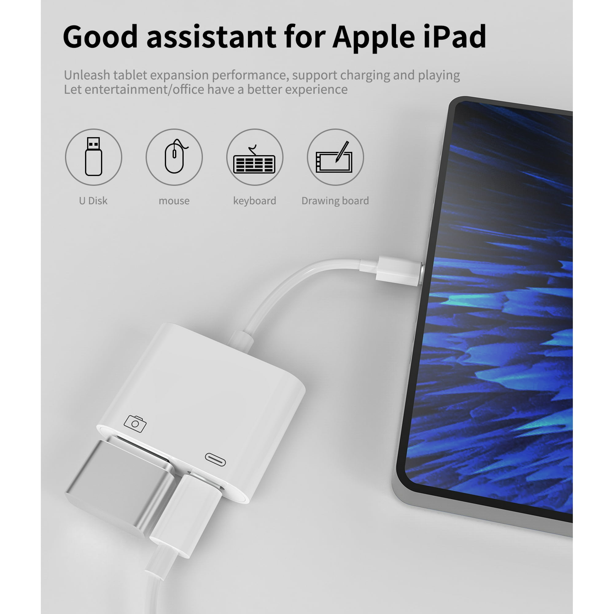 Ein weißer Adapter mit Kabeln, angeschlossen an ein iPad mit blauem Hintergrundbild.