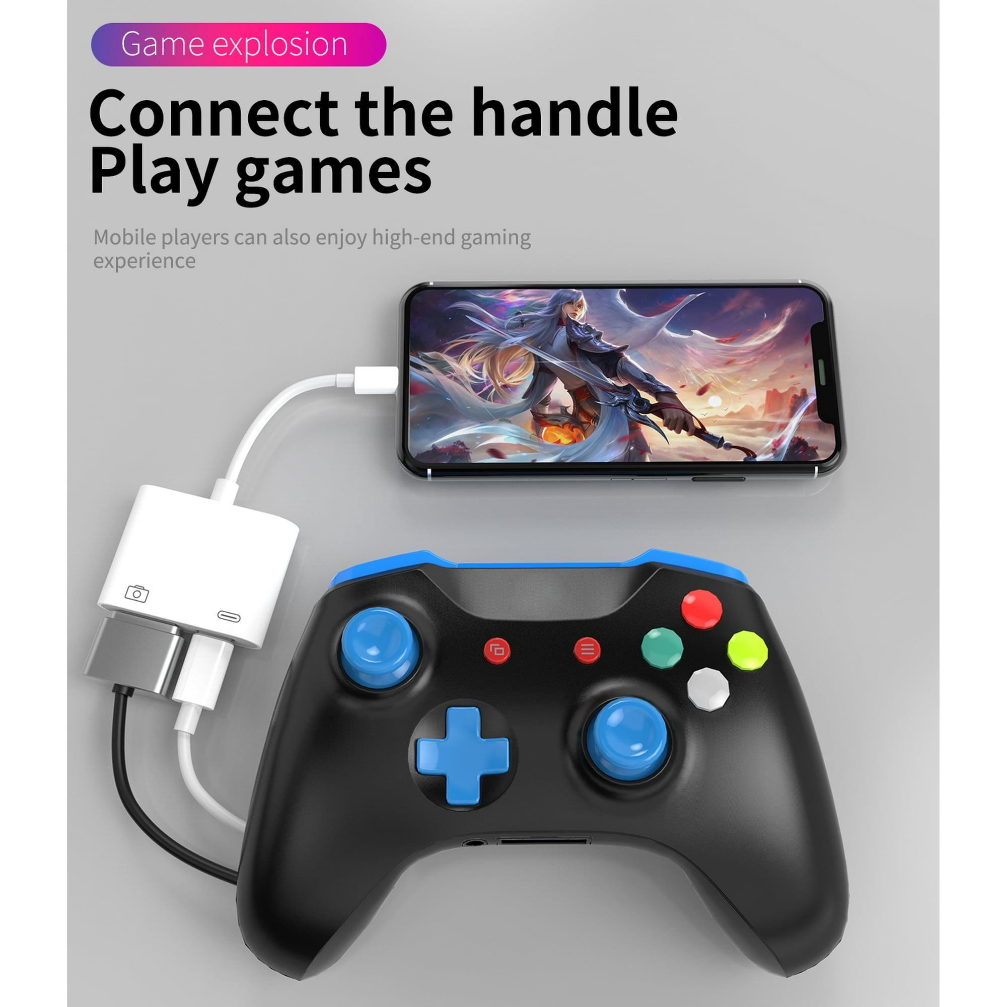 Ein Smartphone zeigt ein Spiel, verbunden mit einem Controller und einem Adapter.