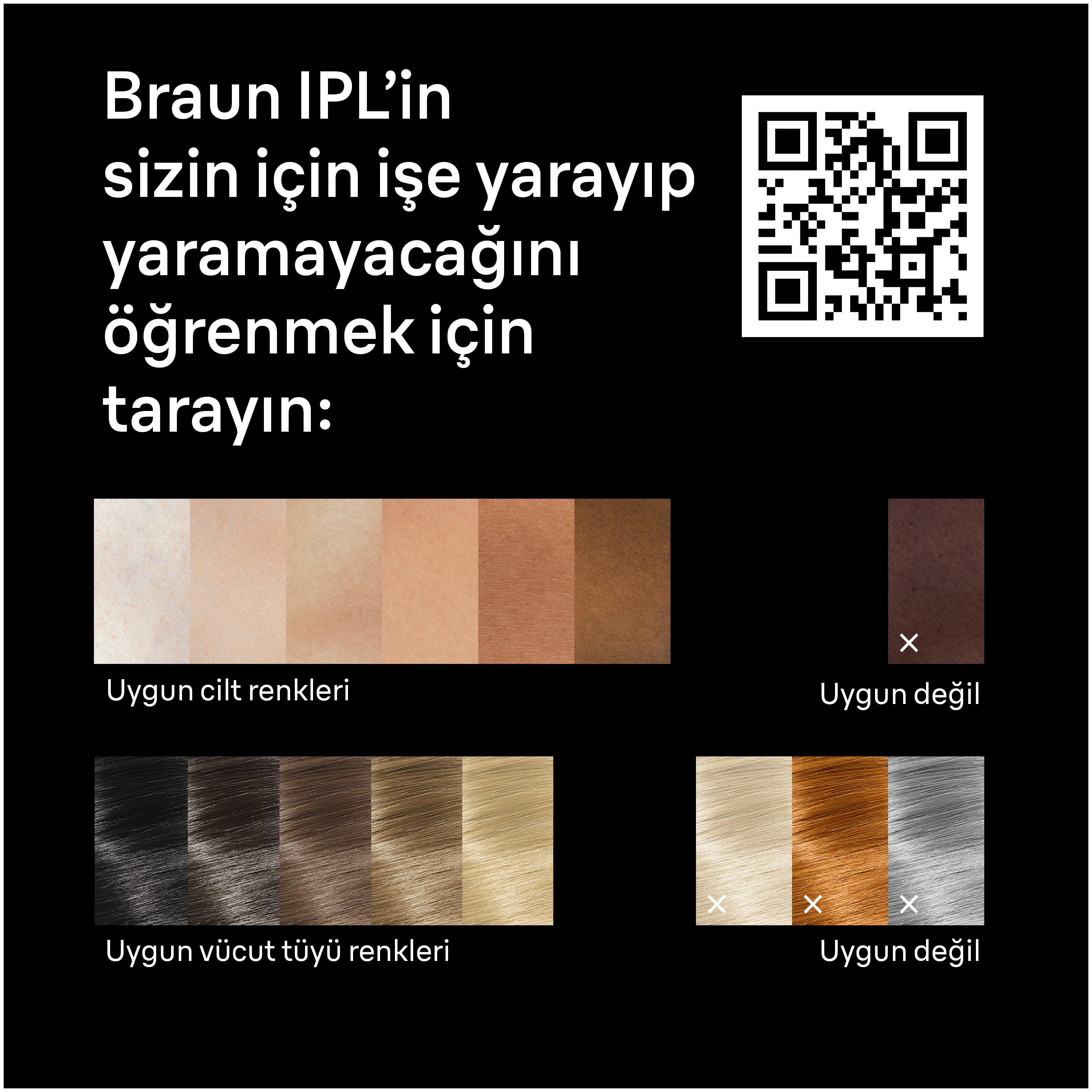 Braun IPL uygunluk testi: cilt ve vücut tüyü renkleri. QR kod.