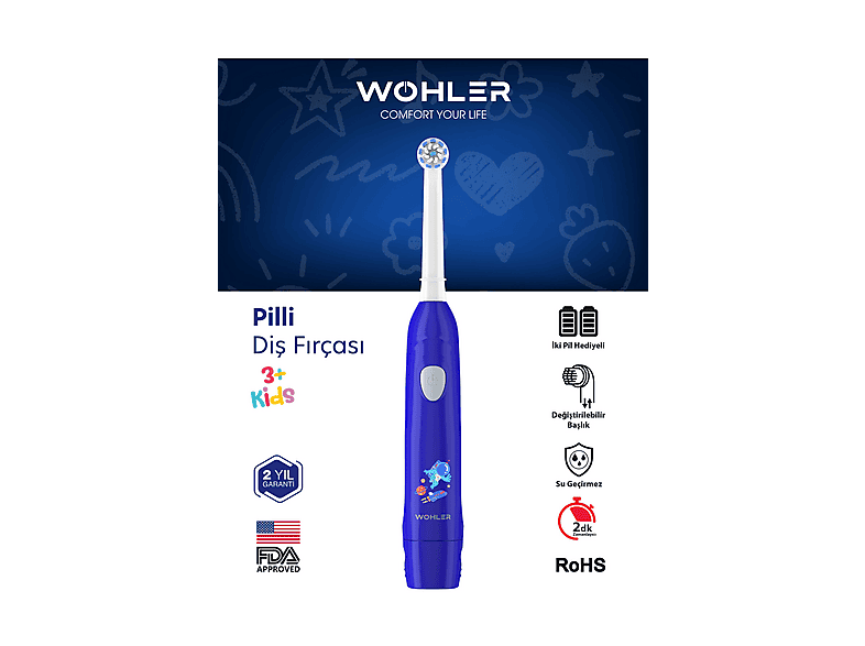 WOHLER Değiştirilebilir Başlıklı Pilli 3+ FDA Onaylı Erkek Çocuk Diş Fırçası Mavi
