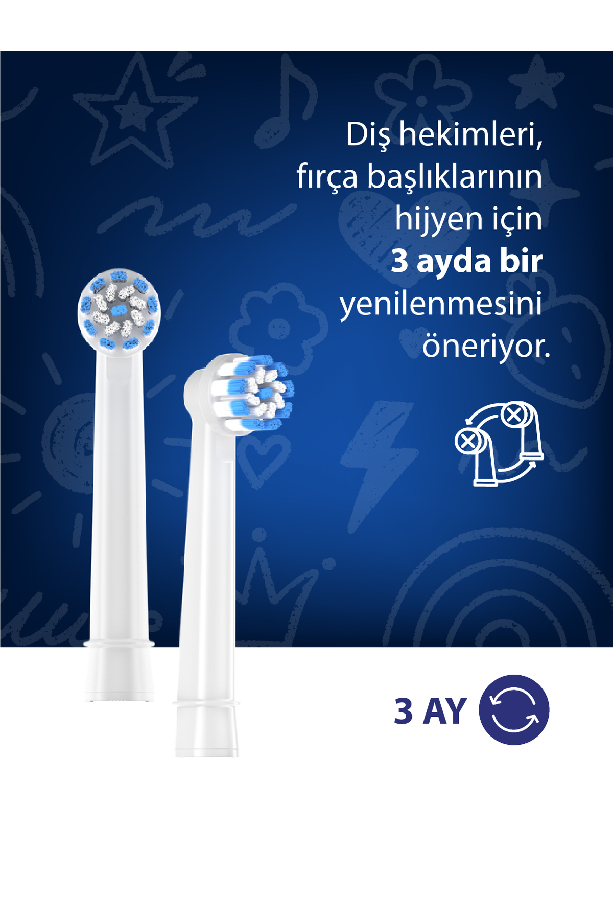 Mavi ve beyaz kıllara sahip iki beyaz diş fırçası başlığı mavi arka planda.