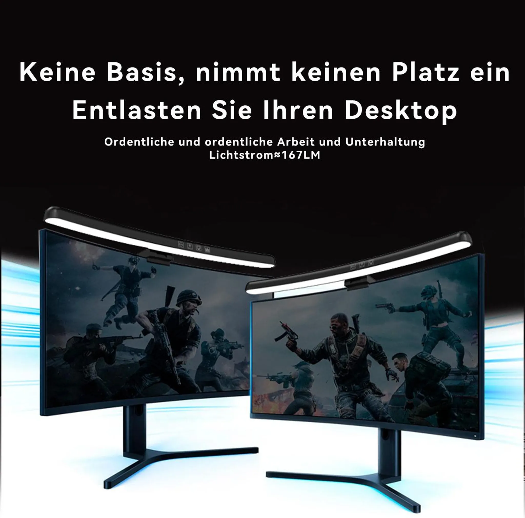 Zwei Monitore mit Action-Spielinhalten und einer Lichtleiste darüber.