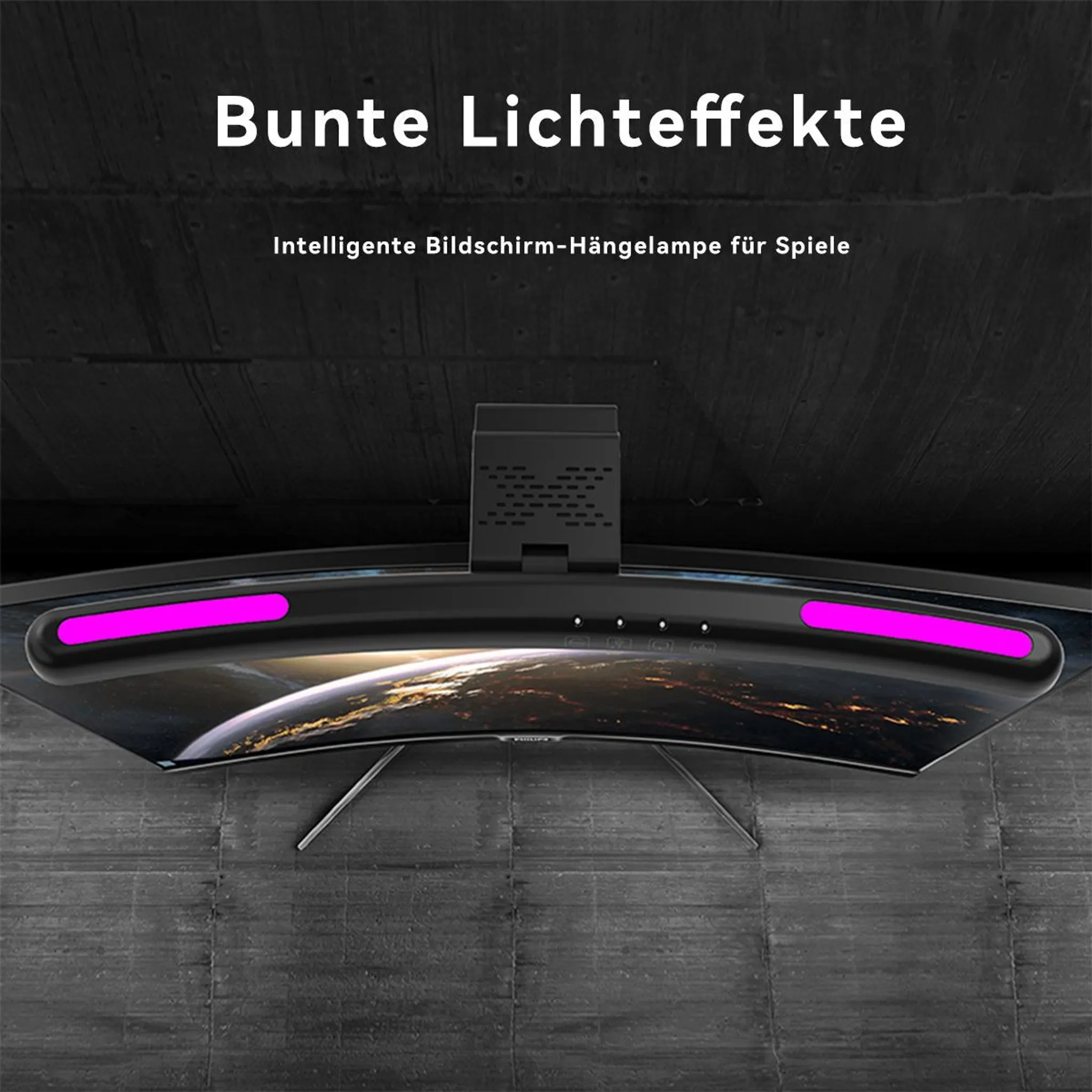 Ein gebogener Monitor mit lila Lichtleisten und Erdansicht.