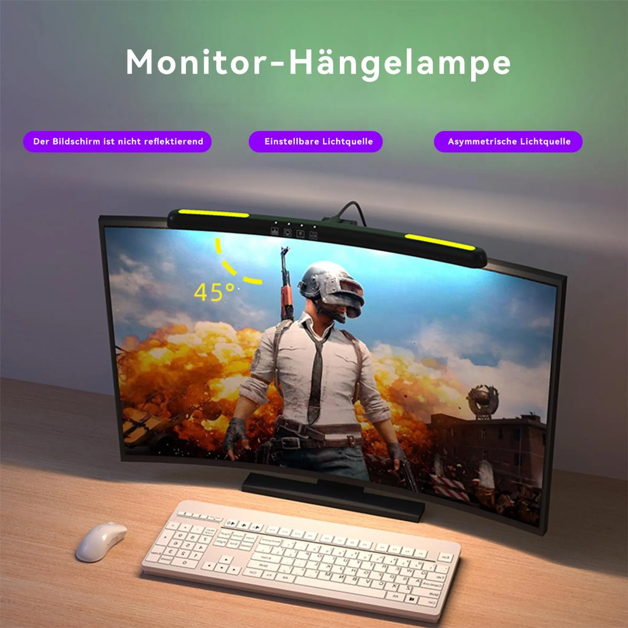 Ein gebogener Monitor mit einer Hängelampe darüber. Darauf ist ein Spielcharakter zu sehen.