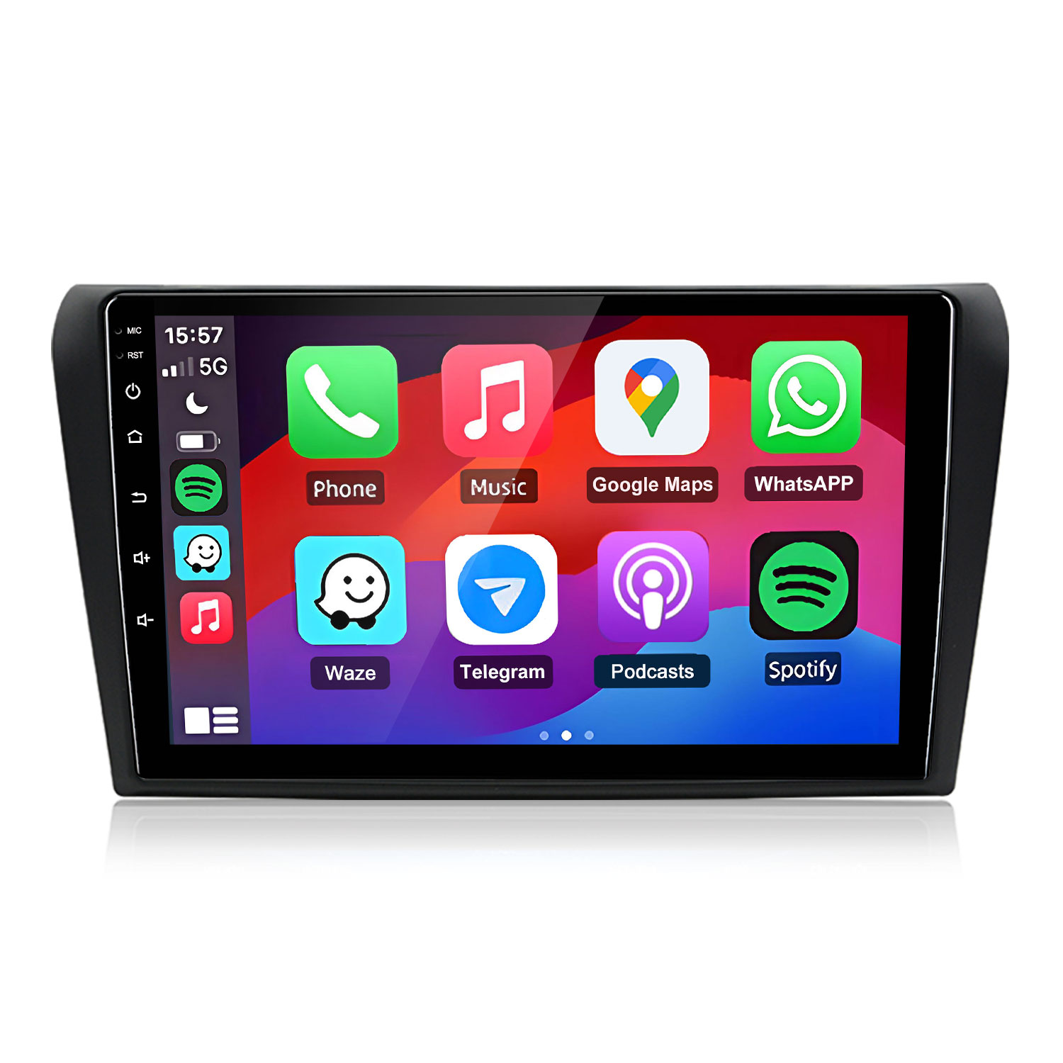 Ein Auto-Infotainment-Bildschirm zeigt App-Symbole wie Telefon, Musik und Google Maps.