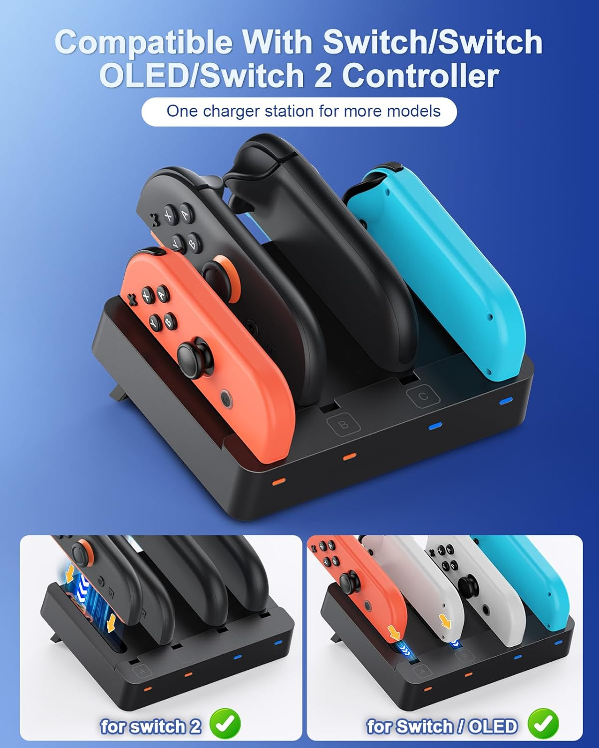 Ladestation für Nintendo Switch Controller in Schwarz mit orangen, blauen und schwarzen Controllern.