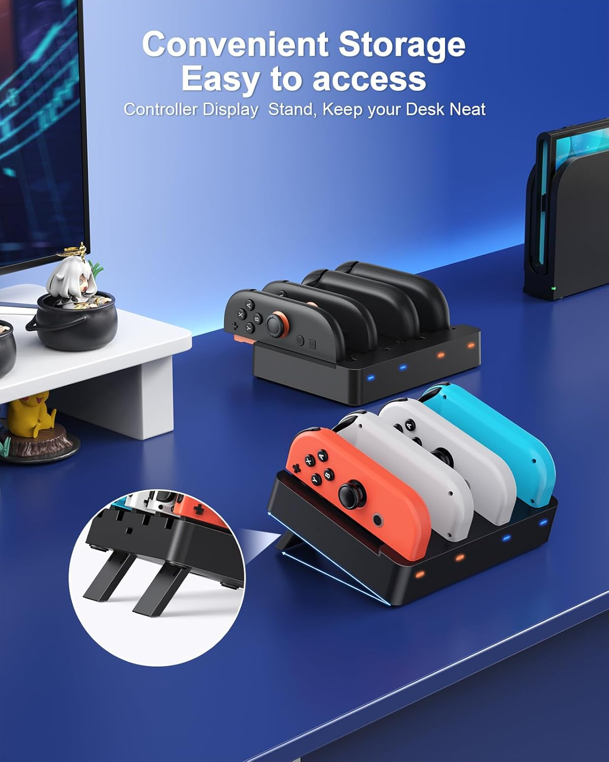 Controller-Ladestation mit Platz für vier Joy-Cons, zwei davon sind orange, weiß und blau.