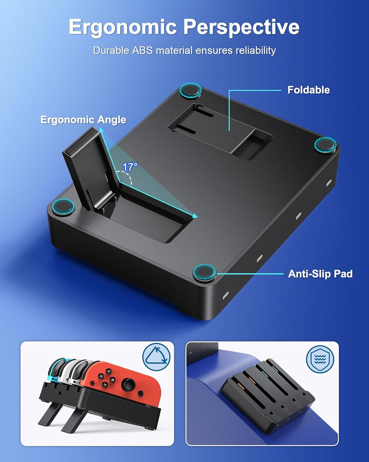 Schwarzer Ständer mit ergonomischer Neigung und Anti-Rutsch-Pads. Zeigt Joy-Cons und Ladebasis.