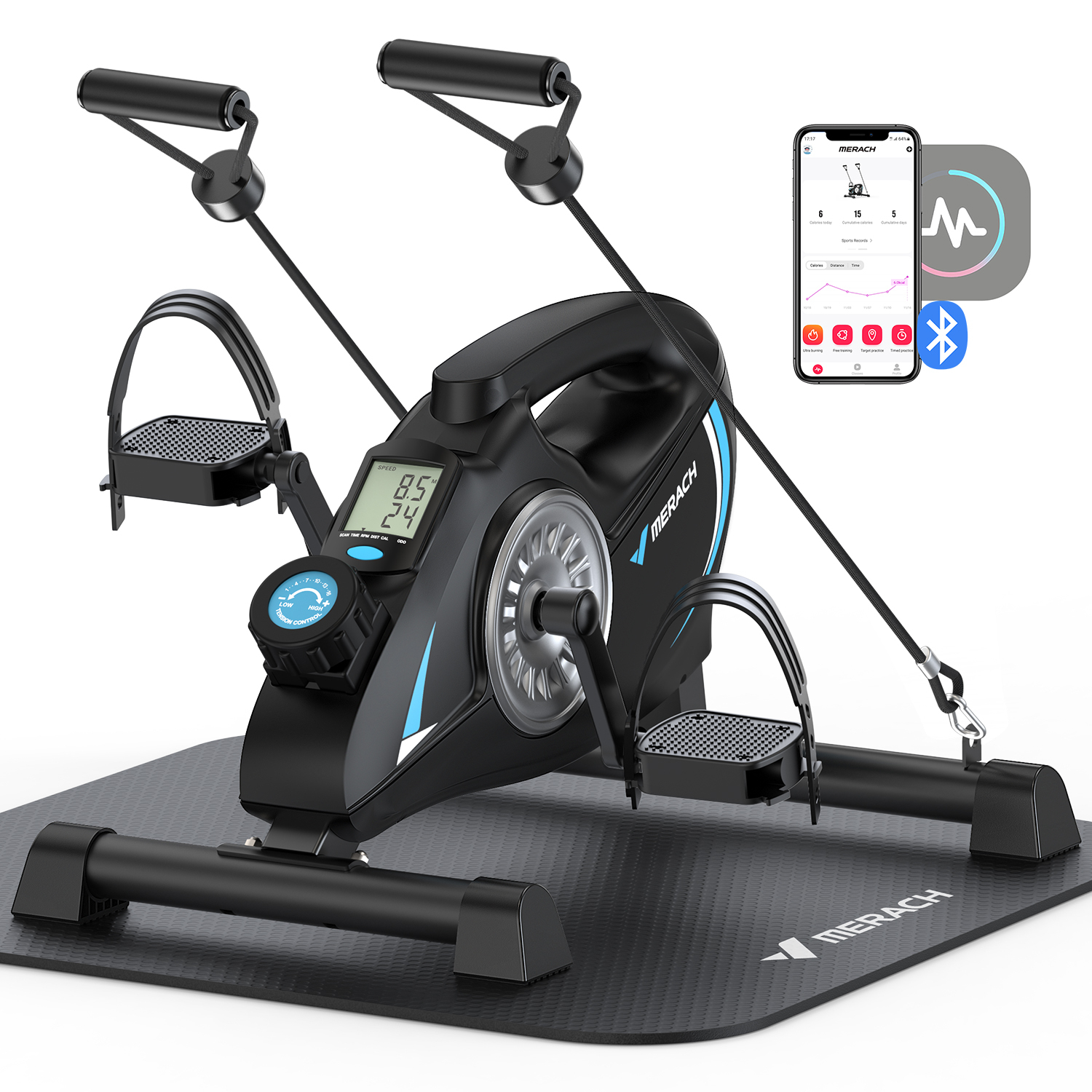 Kompakter Heimtrainer mit Display, App-Anzeige und Widerstandsregler.