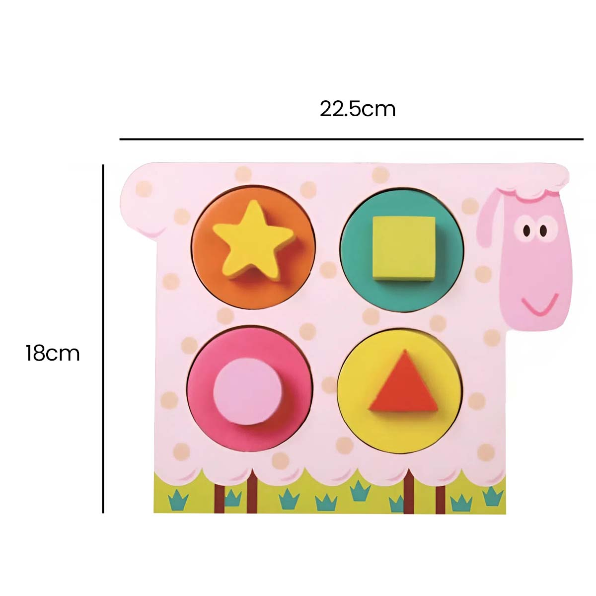 Un giocattolo per abbinare forme di pecora rosa con forme geometriche colorate.