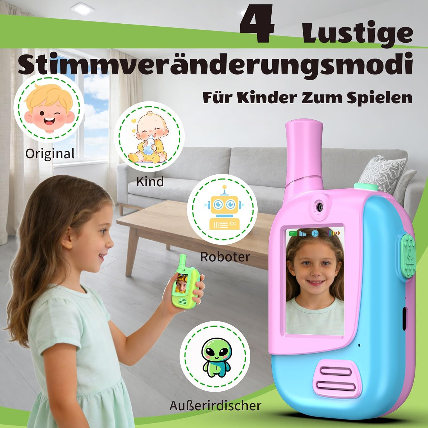 Ein Mädchen hält eine grüne Spielzeug-Funkgerät. Ein pinkes Funkgerät ist daneben.