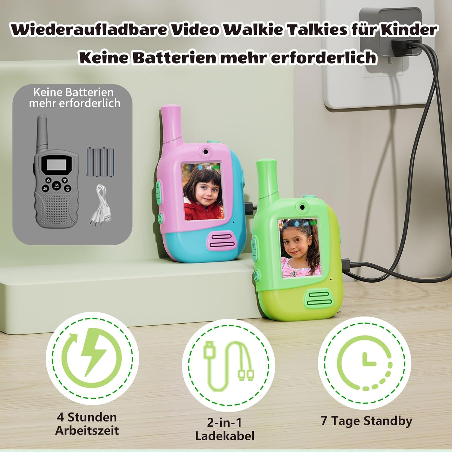 Wiederaufladbare Walkie Talkies für Kinder, zwei in Rosa und Grün, mit Ladeanzeigen.