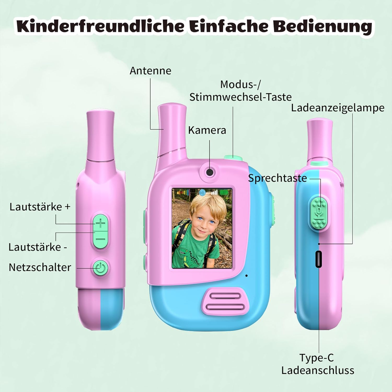 Zwei pinke und blaue Walkie-Talkies nebeneinander, mit Beschriftungen.