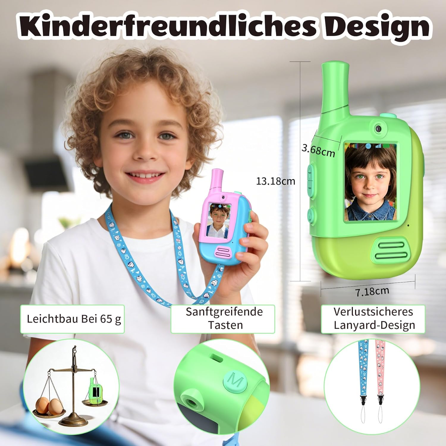 Ein Kind hält ein Walkie-Talkie. Maße und Funktionen sind hervorgehoben.