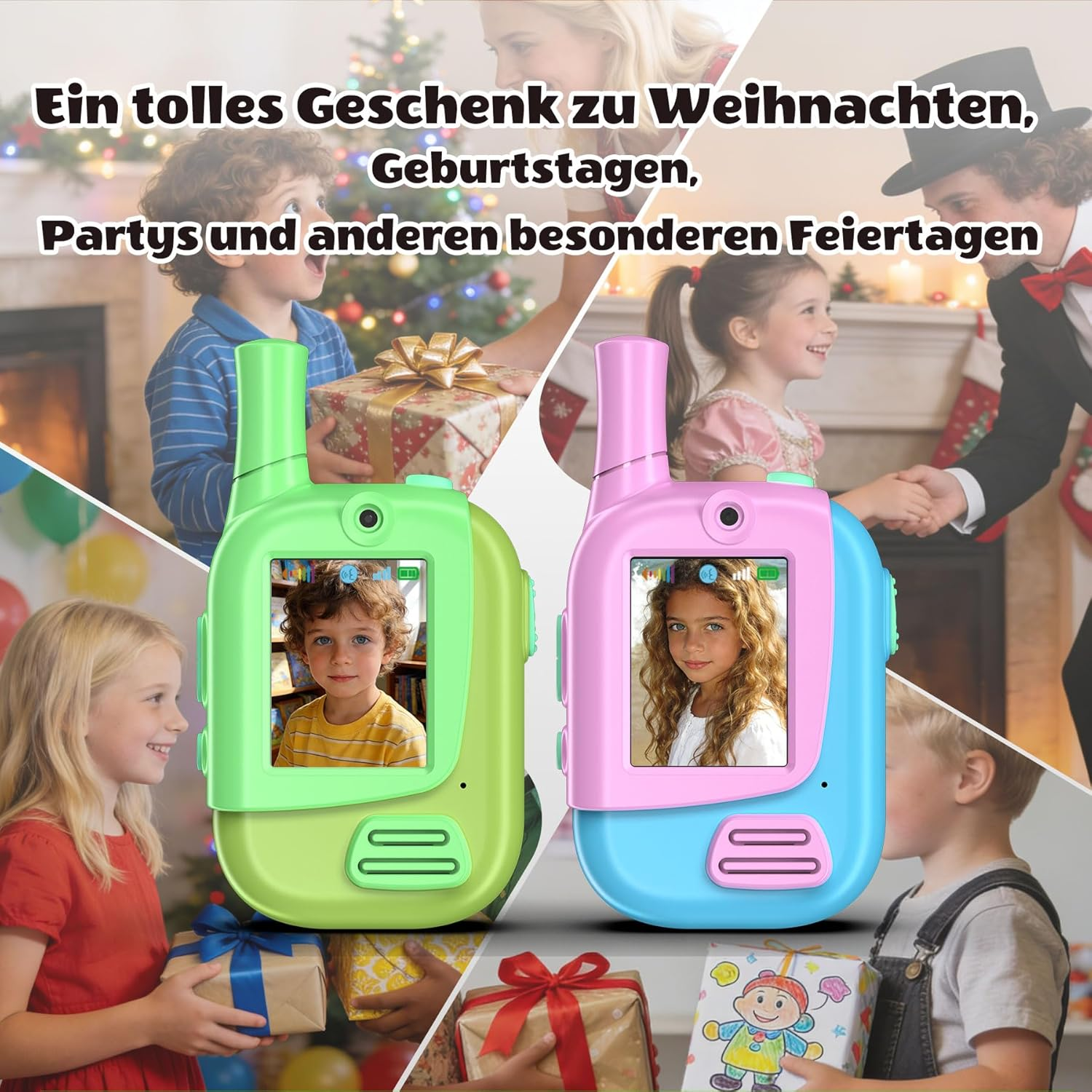 Zwei Spielzeug-Walkie-Talkies, grün und pink, zeigen Kinderporträts.