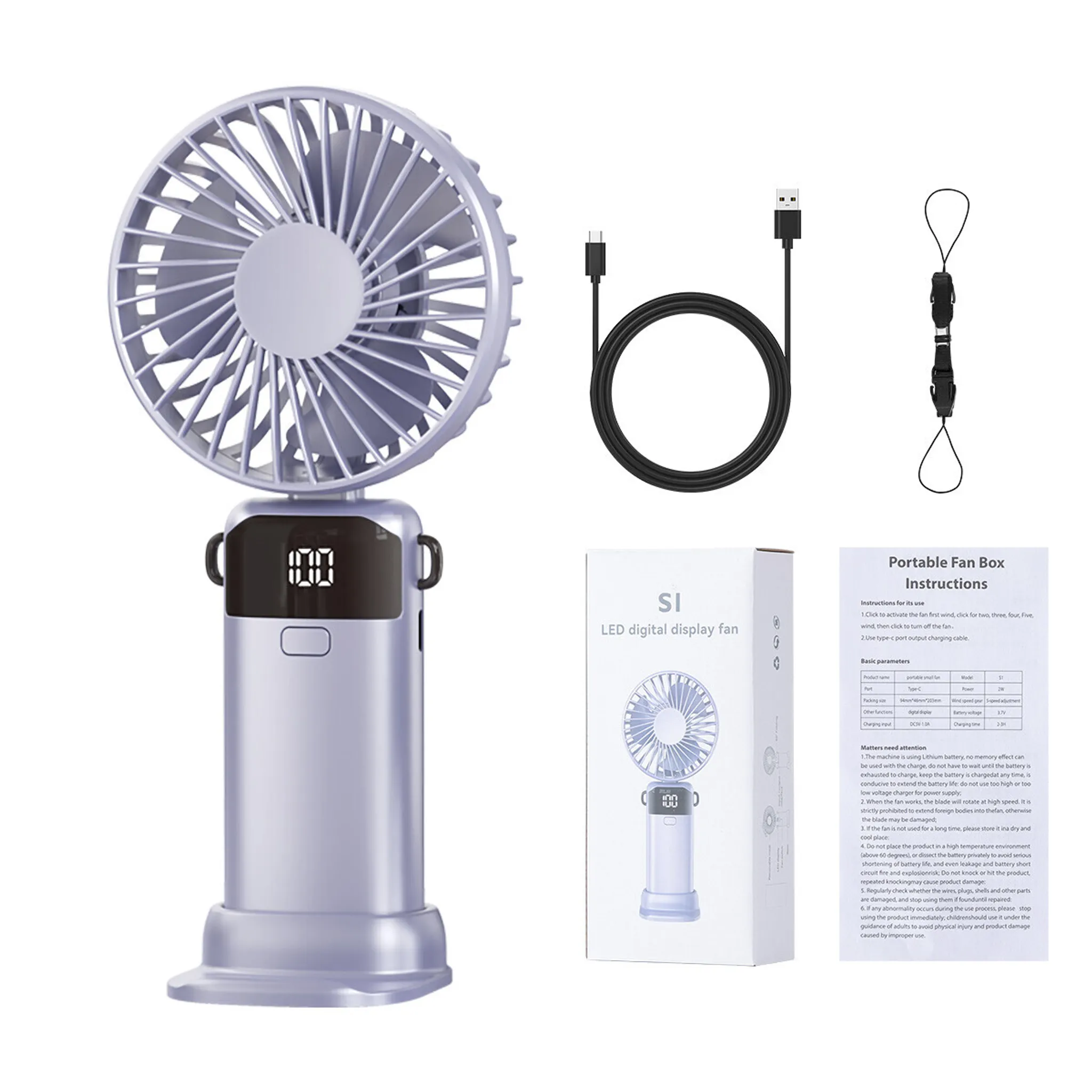 Ein lila tragbarer Ventilator mit USB-Kabel und Anleitung.