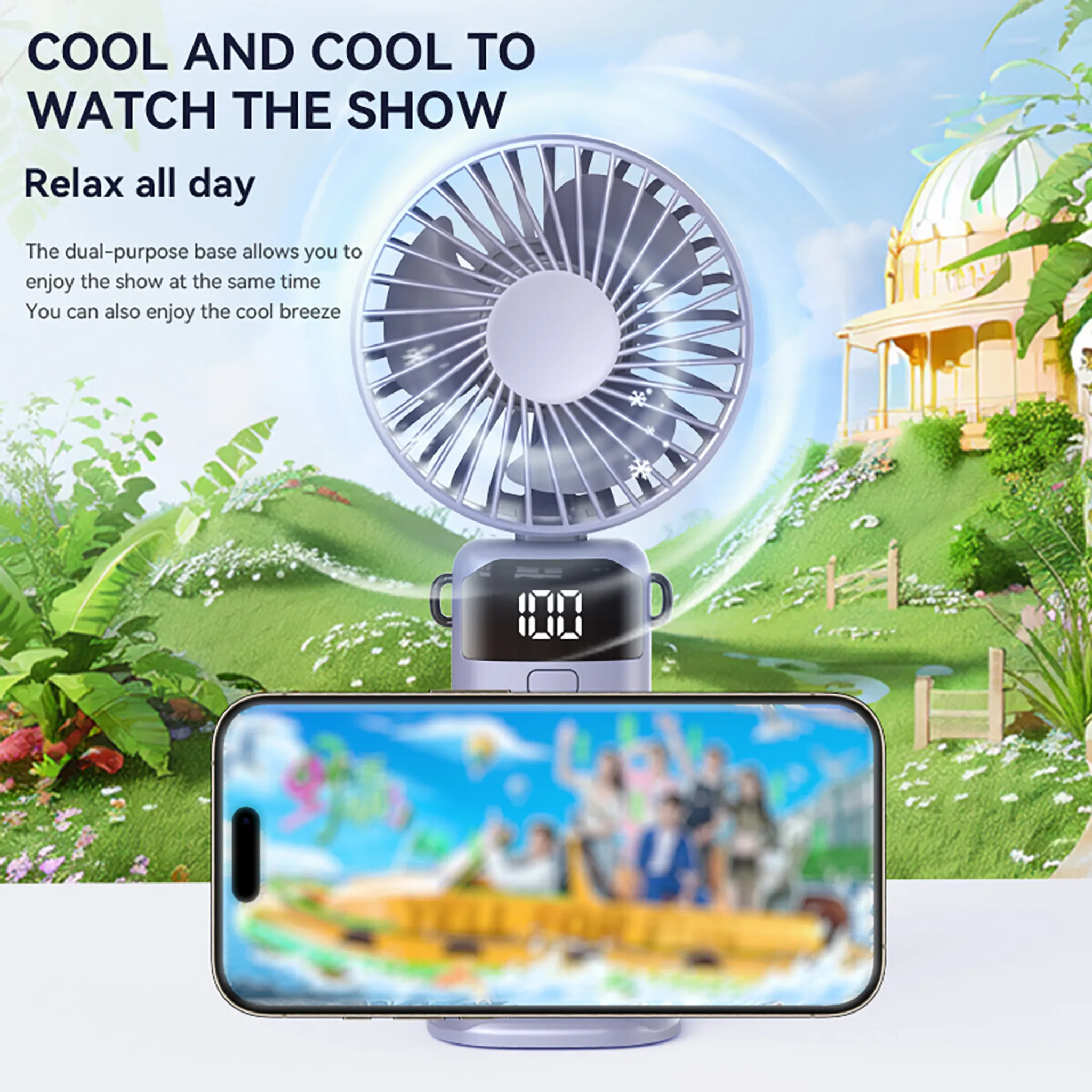 Ein Ventilator mit digitaler Anzeige steht vor einem Handy, das eine Achterbahn zeigt.