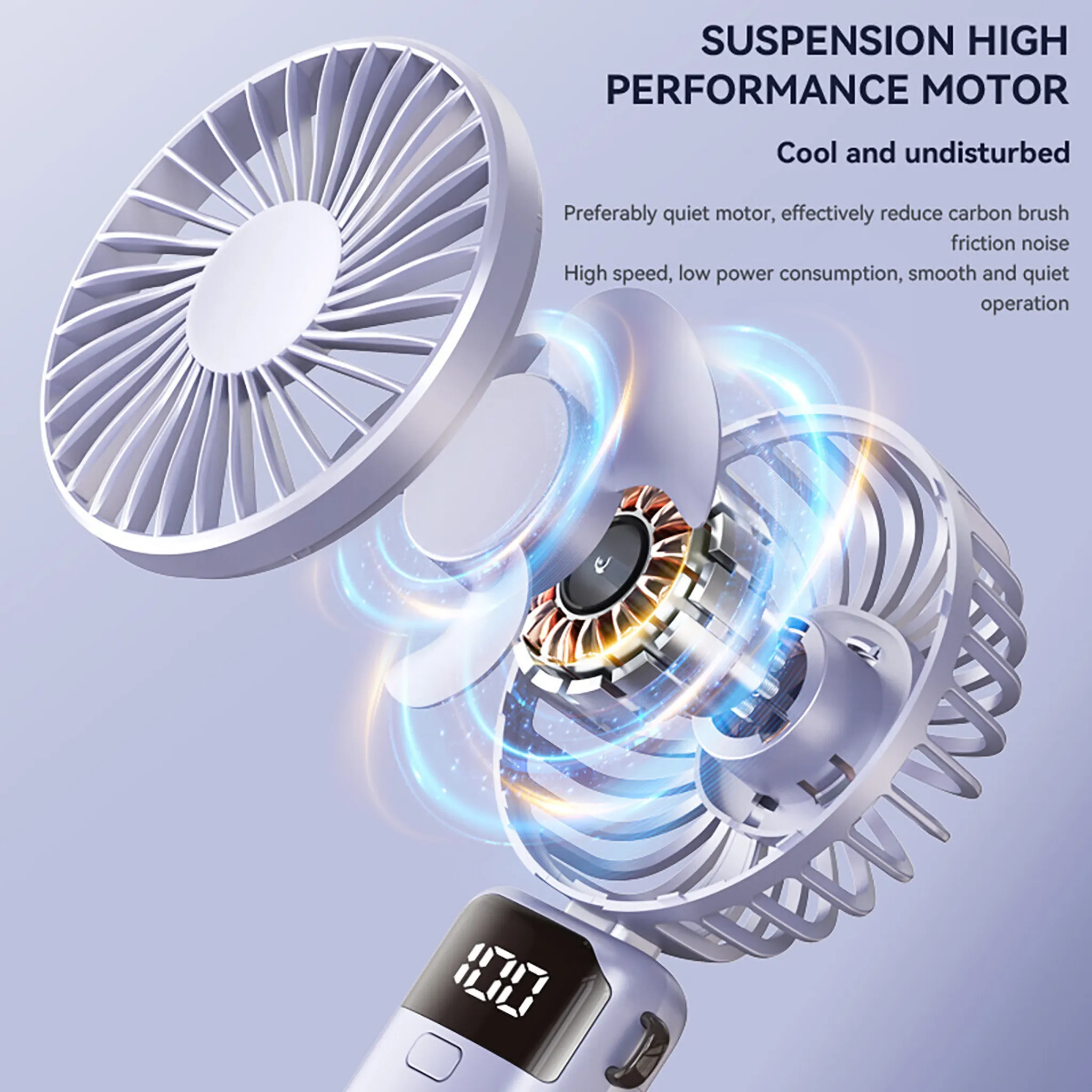 Nahaufnahme eines weißen Ventilators mit digitaler Anzeige und sichtbarem Motor.