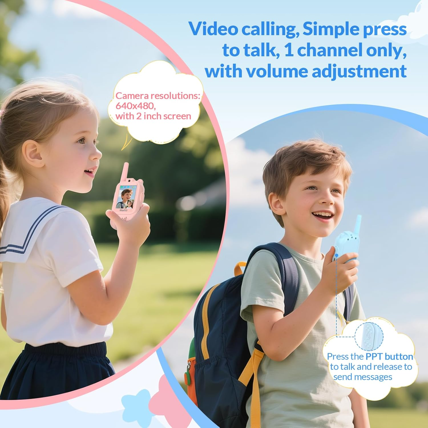 Zwei Kinder halten Walkie-Talkies. Ein Mädchen hat ein rosa Gerät, ein Junge ein blaues.