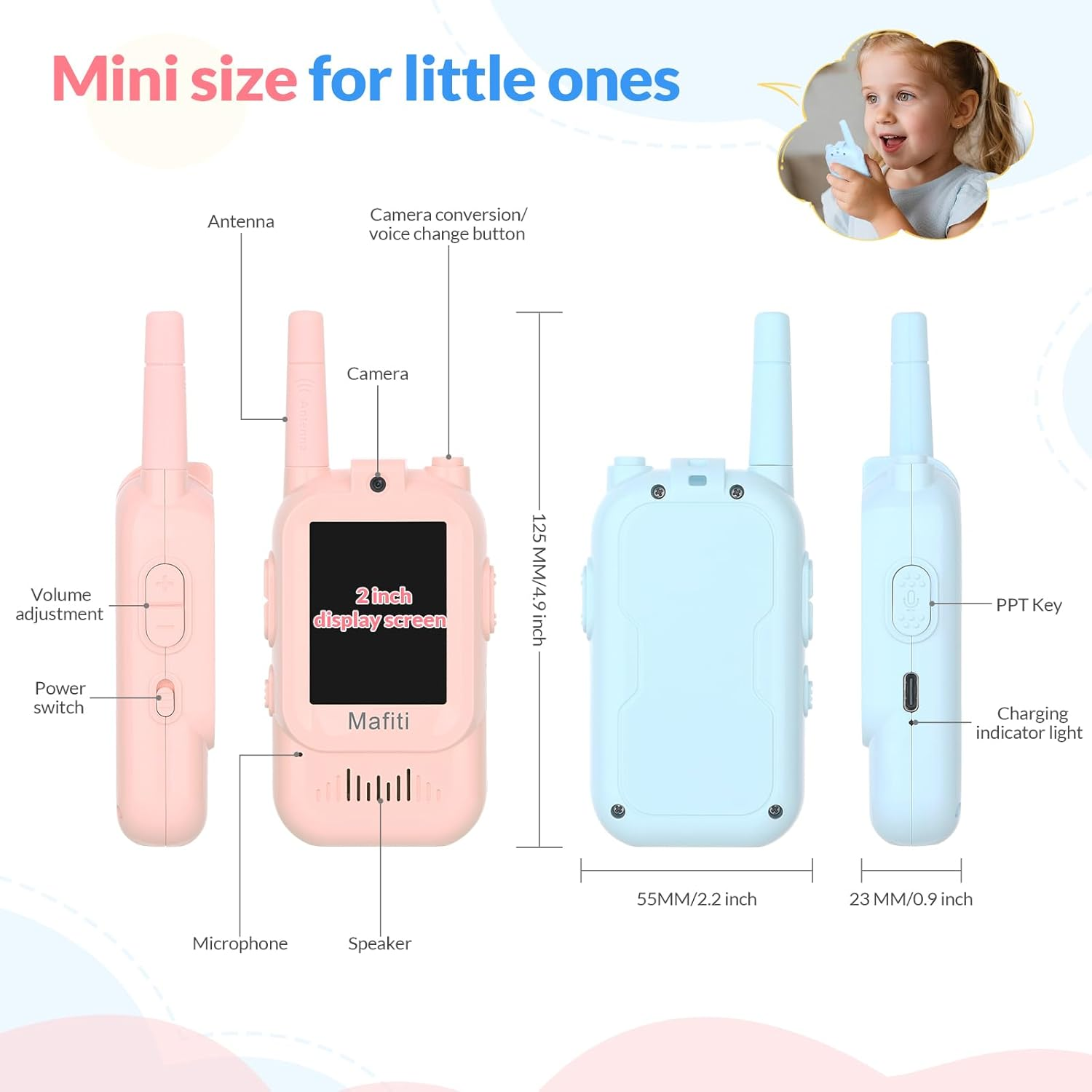 Produktbild: Rosa und hellblaue Walkie-Talkies mit Maßen und Beschriftungen.