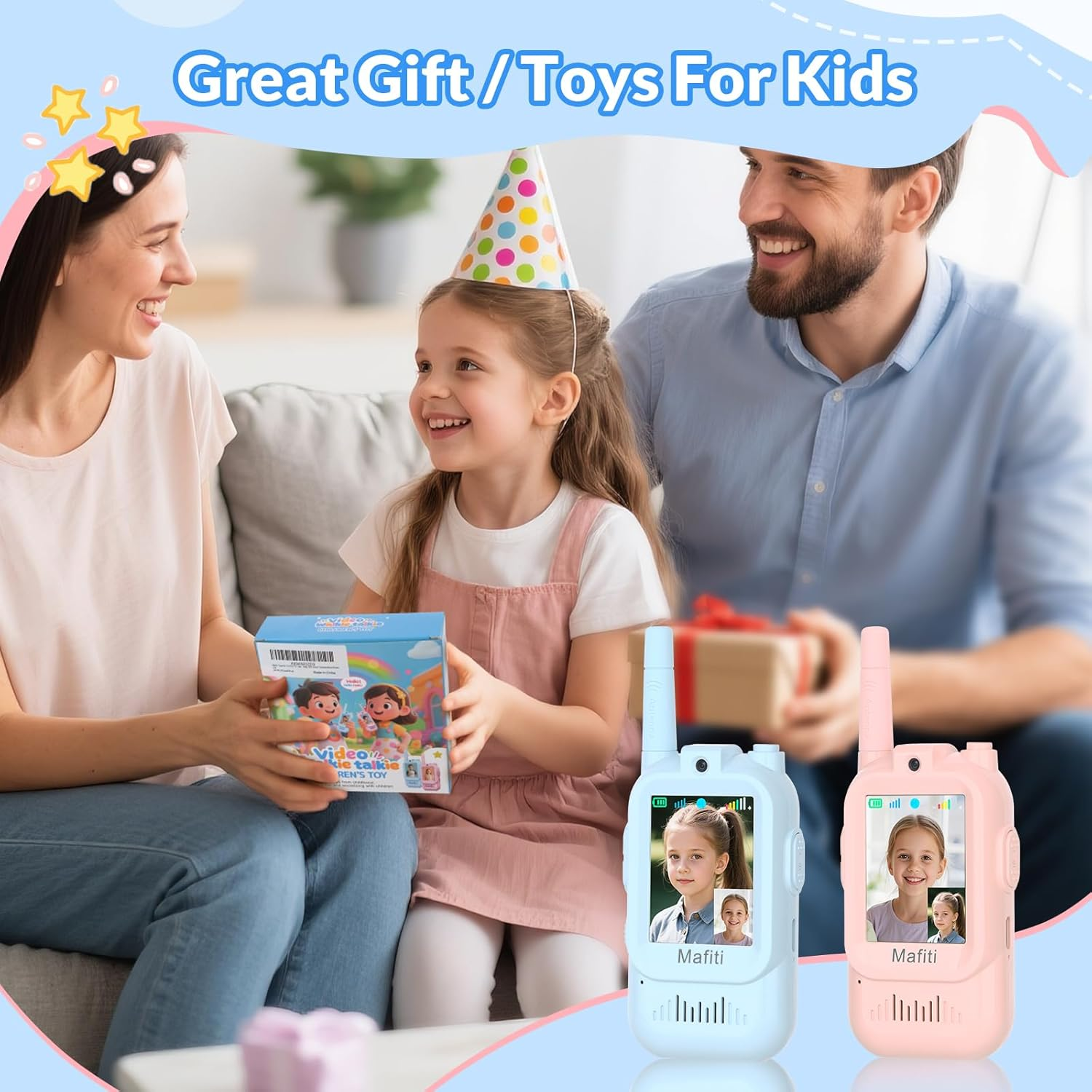Familie feiert und erhält ein Spielzeug. Blaue und rosa Walkie-Talkies sind abgebildet.