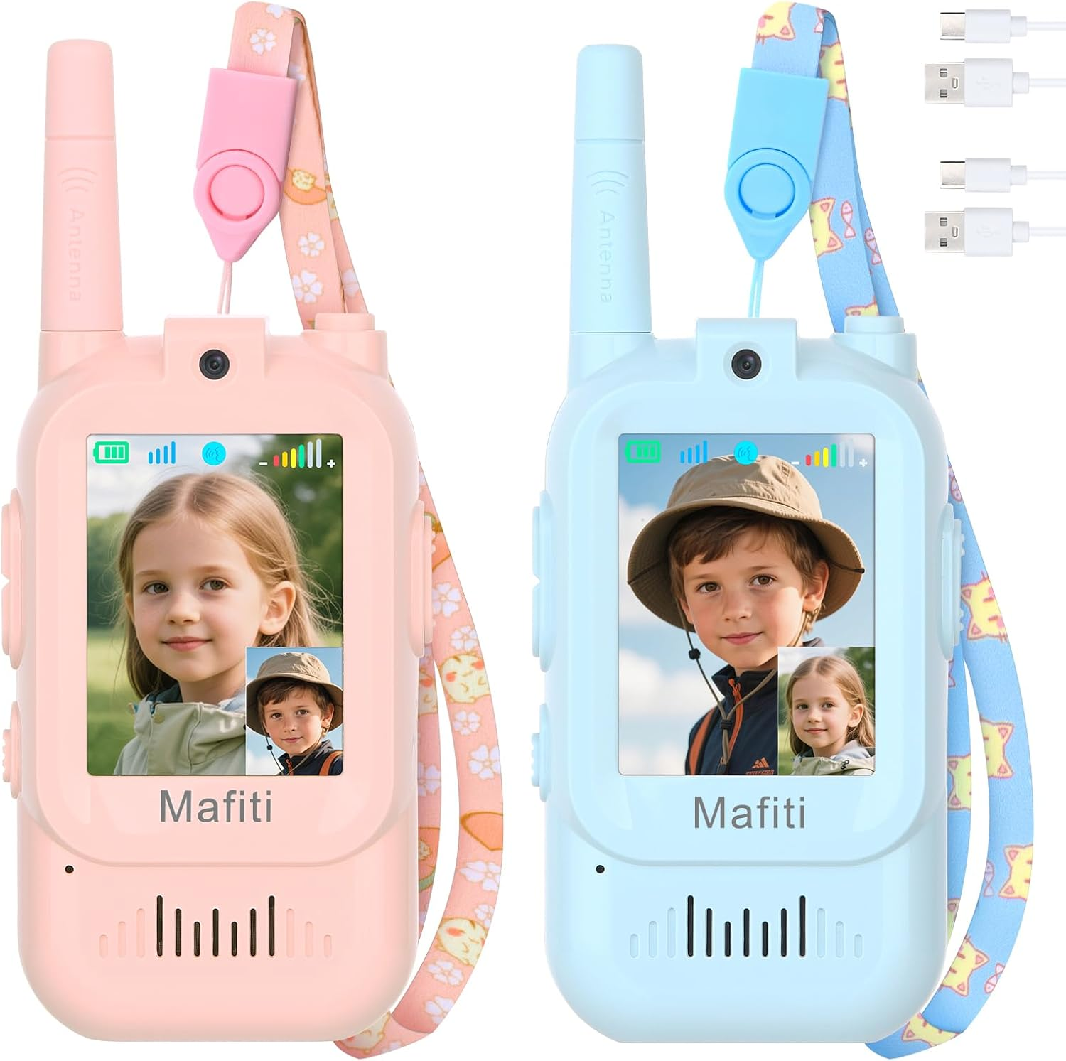 Zwei Mafiti Walkie-Talkies, eins pink, eins blau, mit Kindervideos und USB-Kabeln.