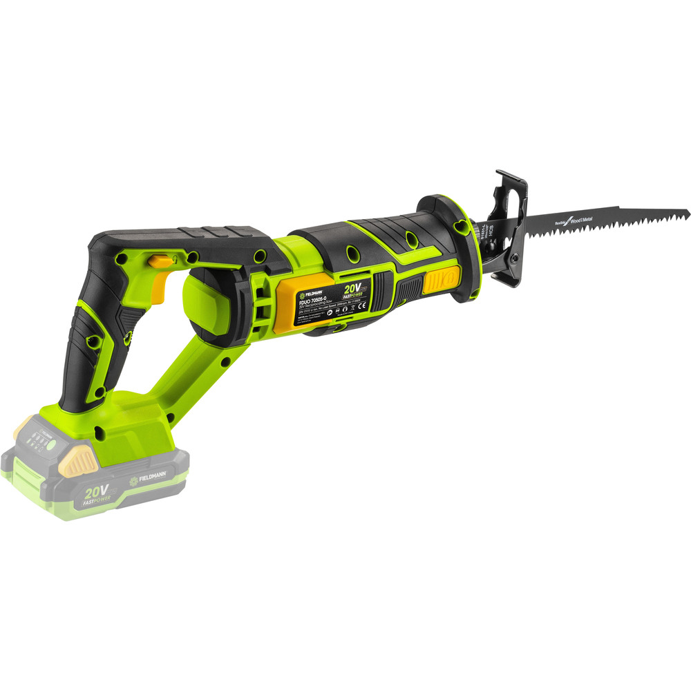Zielona i czarna piła szablasta z akumulatorem 20V, ostrzem do drewna i metalu.