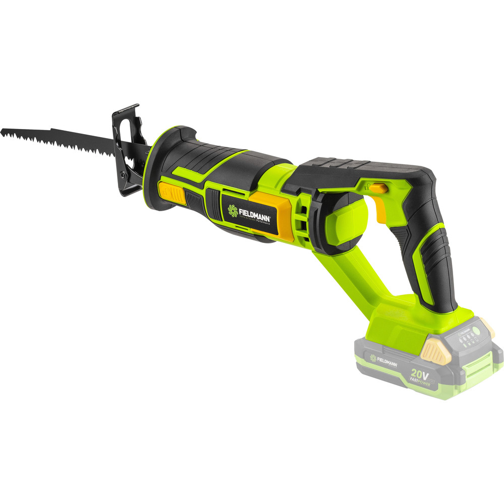 Zielona i czarna piła szablasta z żółtymi akcentami i baterią 20V.