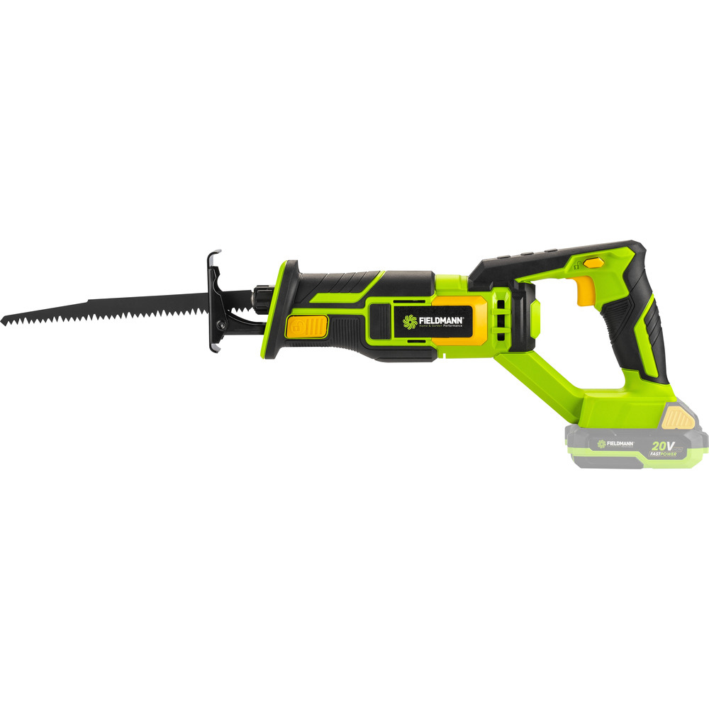 Zielona i czarna piła szablasta z żółtymi akcentami i brzeszczotem.