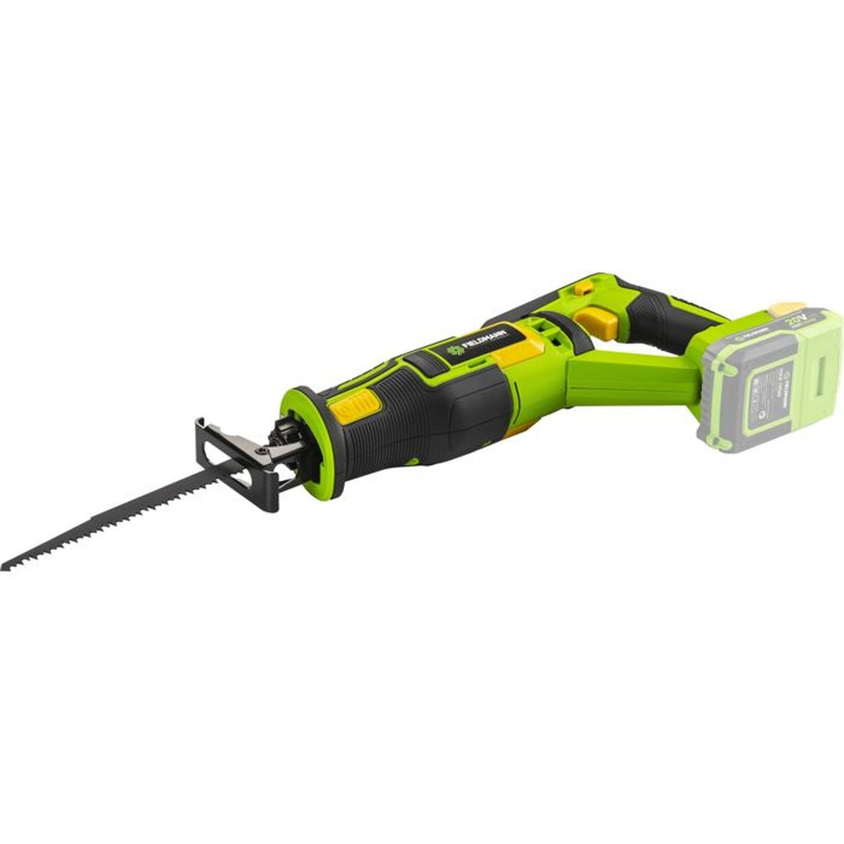 Zielona i czarna piła szablasta z brzeszczotem i akumulatorem.