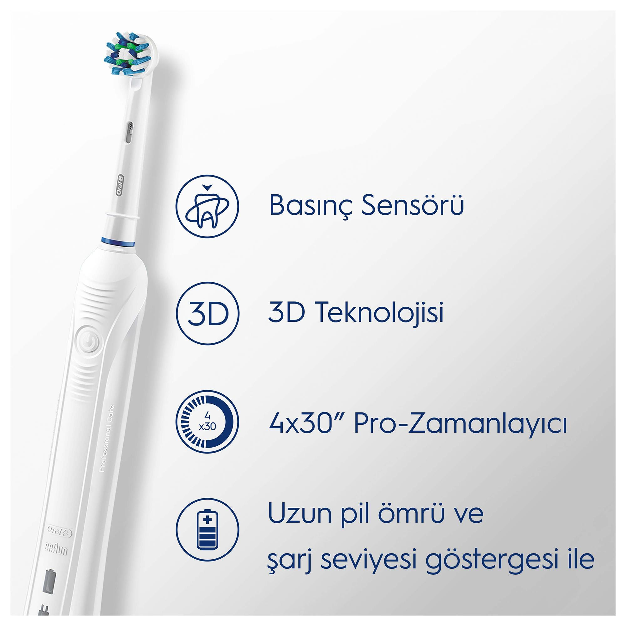 Basınç sensörlü, 3D teknolojili, zamanlayıcılı ve pil göstergeli elektrikli diş fırçası.