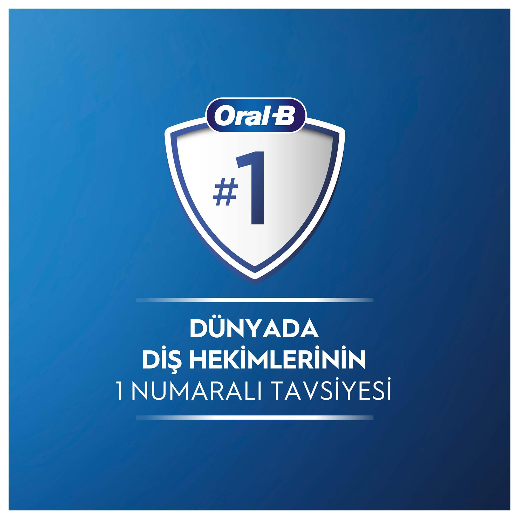 Oral-B logosu kalkan içinde 1 rakamı. Metin: Dünyada diş hekimlerinin 1 numaralı tavsiyesi.