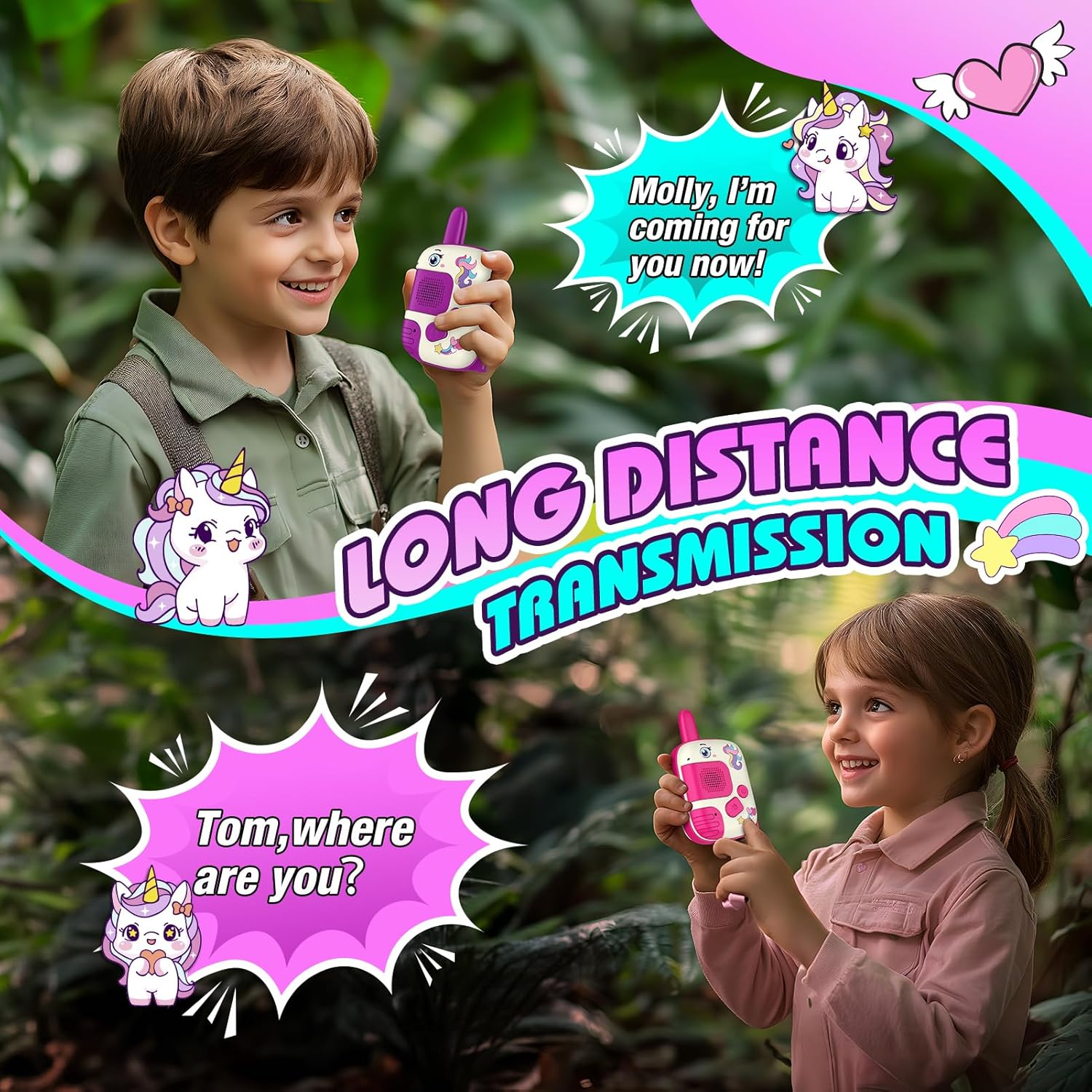 Jungen und Mädchen halten Walkie-Talkies in einem Wald. Text: Lange Distanzübertragung.
