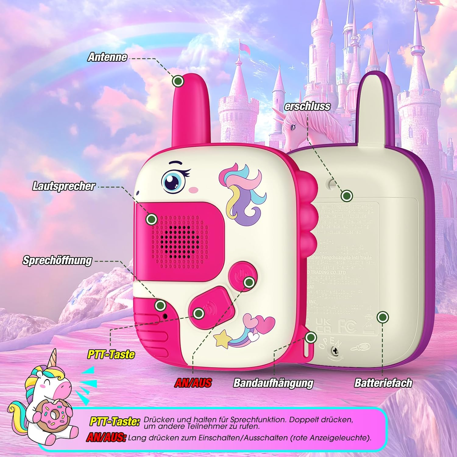 Ein rosa und weißes Walkie-Talkie mit Einhorn-Design steht vor einer Märchenschlosskulisse.
