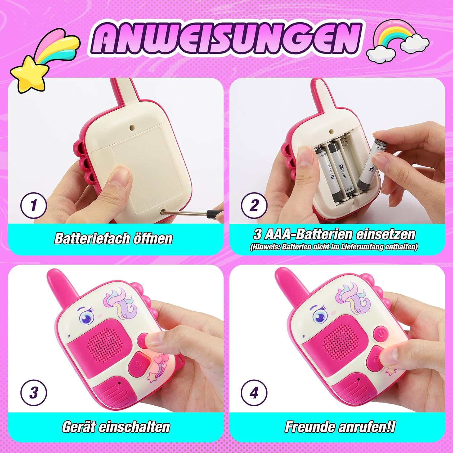 Schritt-für-Schritt-Anleitung zum Öffnen, Einsetzen von Batterien, Einschalten und Benutzen eines Walkie-Talkie.