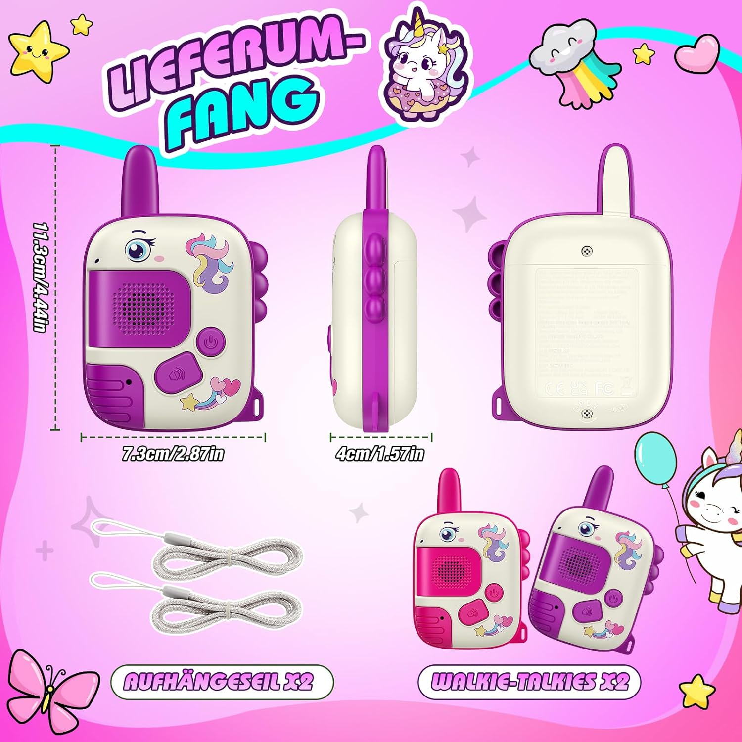 Lila und weiße Walkie-Talkies mit Einhorn-Design, Zubehör und Maßen.